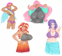 Size: 2628x2384 | Tagged: suggestive, artist:sundown, derpibooru import, fluttershy, rainbow dash, rarity, sunset shimmer, human, equestria girls, equestria girls series, forgotten friendship, anti-gravity boobs, armpits, belly button, big breasts, breasts, busty fluttershy, busty rarity, busty sunset shimmer, chubby, cleavage, clothes, delicious flat chest, erect nipples, female, females only, hat, high res, horned humanization, huge breasts, humanized, juliette d'rarie, muscles, nipple outline, plump, rainbow flat, rainbuff dash, simple background, small breasts, swimsuit, wetsuit, white background, winged humanization, wings