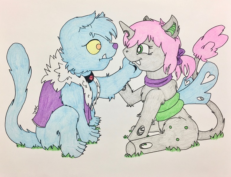 Size: 3716x2856 | Tagged: safe, artist:jamestkelley, derpibooru import, oc, oc:oculus, oc:ruby, unofficial characters only, changeling, diamond dog, blind, changeling oc, diamond dog oc, green changeling, meeting, new friendship, pink hair, sitting, story included, traditional art, white changeling