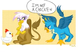 Size: 1280x853 | Tagged: safe, artist:therainbowtroll, derpibooru import, gallus, gilda, bird, chicken, gryphon, school daze, season 8, abstract background, angry, blushing, female, gallus the rooster, giggling, it begins, male, meme origin, mockery, pun, spread wings, wings