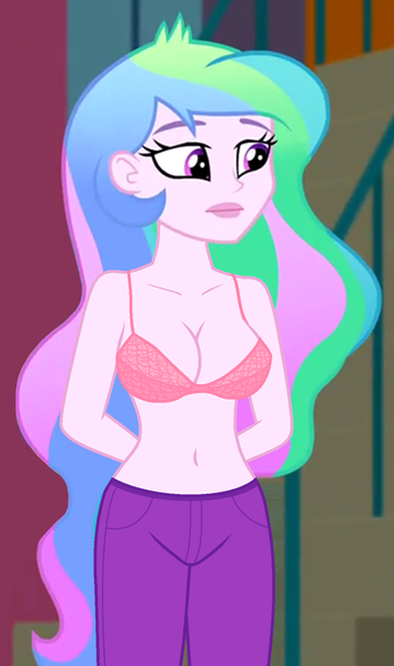 Size: 520x880 | Tagged: suggestive, derpibooru import, edit, edited screencap, editor:ah96, screencap, princess celestia, equestria girls, friendship games, arm behind back, belly button, bra, breast edit, breasts, busty princess celestia, cleavage, clothes, cropped, female, pants, pink underwear, principal celestia, solo, solo female, underwear, underwear edit