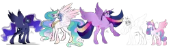 Size: 4100x1159 | Tagged: alicorn, alicorn pentarchy, artist:wolfyfree, derpibooru import, princess cadance, princess celestia, princess flurry heart, princess luna, rearing, safe, simple background, transparent background, twilight sparkle, twilight sparkle (alicorn)