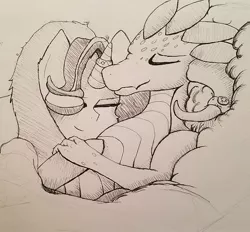 Size: 1024x952 | Tagged: safe, artist:zalla661, derpibooru import, princess ember, starlight glimmer, dragon, pony, cuddling, emberglimmer, female, interspecies, lesbian, monochrome, shipping, traditional art