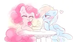 Size: 5000x2881 | Tagged: safe, artist:pinkablue, derpibooru import, pinkie pie, rainbow dash, earth pony, pegasus, pony, bendy straw, blushing, drinking straw, eyes closed, female, food, happy, heart, ice cream, lesbian, mare, pinkiedash, shipping, sitting, smiling, straw, table