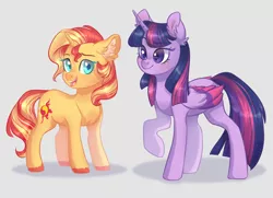 Size: 1024x741 | Tagged: safe, artist:sannykat, derpibooru import, sunset shimmer, twilight sparkle, twilight sparkle (alicorn), alicorn, pony, unicorn, colored wings, cute, duo, female, mare, multicolored wings, shimmerbetes, smiling, twiabetes, unshorn fetlocks, wings