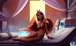 Size: 1980x1203 | Tagged: anklet, artist:sugarlesspaints, barefoot, beauty mark, bedroom eyes, breasts, busty somnambula, clothes, couch, derpibooru import, draw me like one of your french girls, egyptian, eyeshadow, fainting couch, feather, feet, female, human, humanized, jewelry, looking at you, makeup, moderate dark skin, necklace, panties, pasties, pyramid, see-through, side, smiling, solo, solo female, somnambula, spread wings, suggestive, underwear, white underwear, winged humanization, wings