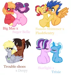 Size: 698x740 | Tagged: safe, artist:semlandraw, derpibooru import, big macintosh, derpy hooves, flash sentry, starlight glimmer, sugar belle, sunset shimmer, trixie, trouble shoes, pegasus, pony, unicorn, alternate hairstyle, base used, beard, blushing, derpyshoes, facial hair, female, flashimmer, kissing, lesbian, male, mare, misspelling, shipping, stallion, startrix, straight, sugarmac, trouble hooves