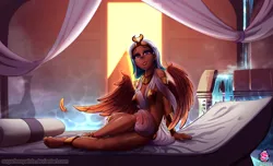 Size: 1980x1203 | Tagged: anklet, artist:sugarlesspaints, barefoot, beauty mark, bedroom eyes, breasts, busty somnambula, clothes, couch, derpibooru import, draw me like one of your french girls, egyptian, eyeshadow, fainting couch, feather, feet, female, human, humanized, jewelry, looking at you, makeup, moderate dark skin, necklace, panties, pasties, pyramid, see-through, side, smiling, solo, solo female, somnambula, spread wings, suggestive, toga, underwear, winged humanization, wings