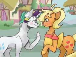 Size: 400x300 | Tagged: dead source, safe, artist:theanonymousclub, derpibooru import, applejack, rarity, earth pony, pony, unicorn, alternate hairstyle, blushing, clothes, dress, duo, female, flirting, girly, lesbian, mare, ponyville, punk, rarijack, raripunk, shipping, tomboy taming