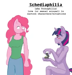 Size: 540x558 | Tagged: anthro, artist:sehad, big book of fetishes, breasts, clothes, derpibooru import, diamond ring, female, fetish, lesbian, marriage proposal, pinkie pie, schediaphilia, shipping, short hair, simple background, suggestive, tanktop, twilight sparkle, twinkie, white background