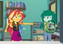 Size: 1398x984 | Tagged: safe, derpibooru import, edit, edited screencap, screencap, sunset shimmer, trixie, wallflower blush, equestria girls, equestria girls series, forgotten friendship, bag, book, classroom, clothes, door, fangirl, geode of empathy, get out, jacket, magical geodes, monster high, pants, parody