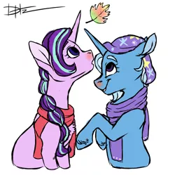 Size: 2784x2771 | Tagged: safe, artist:loladotz, artist:skimea, derpibooru import, starlight glimmer, trixie, pony, unicorn, alternate hairstyle, braid, clothes, female, leaf, lesbian, scarf, shipping, startrix