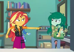 Size: 1398x984 | Tagged: safe, derpibooru import, edit, edited screencap, screencap, sunset shimmer, trixie, wallflower blush, equestria girls, equestria girls series, forgotten friendship, bag, book, classroom, clothes, door, fangirl, get out, jacket, keychain, pants, parody, steven universe