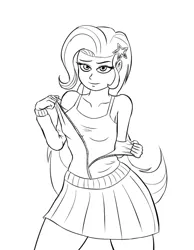 Size: 700x900 | Tagged: safe, artist:artattax, derpibooru import, trixie, equestria girls, black and white, female, grayscale, lineart, long hair, looking at you, monochrome, simple background, solo, undressing, white background
