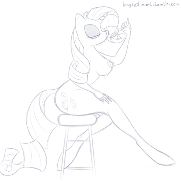 Size: 1024x1024 | Tagged: anthro, artist:longtailshort, breasts, clothes, derpibooru import, drinking, eyes closed, female, glass, monochrome, nipples, nudity, pantyhose, questionable, rarity, simple background, solo, solo female, stool, unguligrade anthro, white background, wine glass