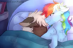 Size: 1800x1200 | Tagged: artist:artistcoolpony, bed, chest fluff, derpibooru import, dumbbell, dumbdash, female, male, rainbow dash, safe, shipping, sleeping, straight