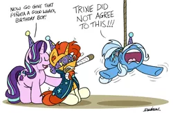 Size: 2385x1566 | Tagged: safe, artist:bobthedalek, derpibooru import, starlight glimmer, sunburst, trixie, pony, unicorn, abuse, baseball bat, birthday, blindfold, cape, clothes, dialogue, ear plugs, eyes closed, female, glasses, hat, male, mare, mouth hold, open mouth, party, party hat, piñata, simple background, sitting, smiling, stallion, this will end in pain, trixiebuse, white background, yelling