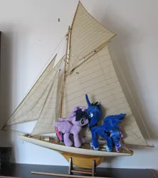 Size: 2861x3226 | Tagged: safe, artist:amarynceus, deleted from derpibooru, derpibooru import, princess luna, twilight sparkle, twilight sparkle (alicorn), alicorn, pony, boat, female, irl, lesbian, mare, photo, plushie, pun, sailboat, shipping, twiluna, visual pun