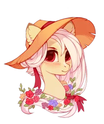 Size: 700x829 | Tagged: artist:lispp, blushing, bust, derpibooru import, female, flower, flower in hair, hat, looking at you, mare, oc, oc:laeticia la pucelle, portrait, safe, simple background, solo, straw hat, transparent background, unofficial characters only