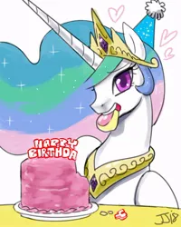 Size: 700x875 | Tagged: safe, artist:johnjoseco, derpibooru import, princess celestia, alicorn, pony, birthday, cake, cakelestia, cute, cutelestia, female, food, happy, hat, heart, lidded eyes, looking at you, mare, mouth hold, nicole oliver, open mouth, party hat, simple background, sitting, smiling, solo, white background