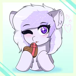 Size: 1024x1024 | Tagged: safe, artist:enderspringminer, derpibooru import, oc, oc:starstorm slumber, unofficial characters only, pegasus, pony, blushing, chocolate, chocolate heart, commission, cute, female, food, heart, holiday, one eye closed, solo, valentine, valentine's day, wink