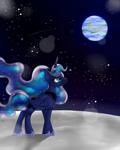 Size: 400x500 | Tagged: safe, artist:mlpdarksparx, derpibooru import, princess luna, alicorn, pony, banishment, earth, female, mare, moon, solo, stars