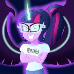 Size: 1500x1500 | Tagged: safe, artist:xethshade, derpibooru import, sci-twi, twilight sparkle, equestria girls, bromine, bruh, clothes, corrupted, crossed arms, elements, evil, female, grin, hydrogen, looking at you, midnight sparkle, periodic table, possessed, smiling, solo, uranium, wings