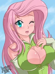 Size: 2000x2700 | Tagged: absolute cleavage, adorasexy, artist:danmakuman, big breasts, blushing, boob window, breasts, busty fluttershy, cleavage, cloud, cute, derpibooru import, female, fluttershy, human, humanized, looking at you, one eye closed, sexy, shyabetes, sky, solo, solo female, suggestive, touching cleavage, wink