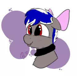 Size: 616x607 | Tagged: safe, artist:blacklightbuggo, derpibooru import, oc, oc:bassy, unofficial characters only, pegasus, pony, blushing, bow, collar, cute, male, multicolored hair, red eyes, smiling, solo, stallion, tongue out, trap