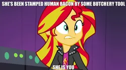 Size: 1280x714 | Tagged: safe, derpibooru import, edit, edited screencap, screencap, sunset shimmer, equestria girls, bacon, bacon hair, fixed, food, genesis, image macro, lip bite, lyrics, meat, meme, solo, song reference, supper's ready, text