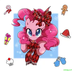 Size: 1100x1080 | Tagged: safe, artist:potetecyu_to, derpibooru import, pinkie pie, earth pony, pony, abstract background, bow, candy, candy cane, christmas, clothes, cupcake, cute, diapinkes, female, food, gingerbread (food), gingerbread man, hat, holiday, looking at you, mare, present, ribbon, santa hat, scarf, solo, tongue out