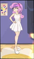 Size: 2721x4677 | Tagged: safe, artist:derpyramone, derpibooru import, sweetie belle, equestria girls, clothes, dress, female, hand on hip, human coloration, image, light skin, one eye closed, png, pose, room, see-through, shoes, smiling, solo, wink