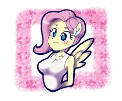 Size: 1080x900 | Tagged: safe, artist:potetecyu_to, derpibooru import, fluttershy, equestria girls, breasts, busty fluttershy, clothes, cute, ear piercing, earring, female, jewelry, piercing, ponied up, solo, tanktop