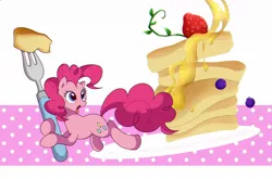 Size: 1200x790 | Tagged: safe, artist:potetecyu_to, derpibooru import, pinkie pie, earth pony, pony, blueberry, female, food, fork, mare, micro, pancakes, solo, strawberry, syrup, tiny, tiny ponies
