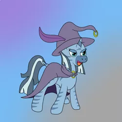 Size: 1200x1200 | Tagged: artist:pavlovzdawg, cape, cloak, clothes, derpibooru import, eyelashes, feathered hat, female, fusion, gradient, gradient background, hat, hybrid, lidded eyes, mare, safe, solo, species swap, trixie, wizard hat, zebra, zebracorn, zebrafied, zecora, zony