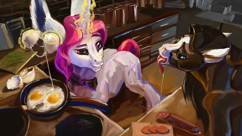 Size: 1956x1100 | Tagged: safe, artist:lostdragon01, derpibooru import, oc, oc:d, oc:lapush buns, unofficial characters only, bunnycorn, gypsy vanner, pony, unicorn, bowtie, drool, egg, egg shells, food, kitchen, male, meat, painting, pan, ponies eating meat, stallion, stove, table, tongue out, unshorn fetlocks