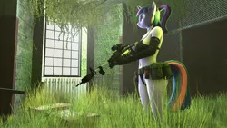 Size: 3840x2160 | Tagged: suggestive, artist:clintr, derpibooru import, twilight sparkle, anthro, unicorn, 3d, alternate hairstyle, big breasts, bikini, box, breasts, busty twilight sparkle, clothes, cosplay, costume, cutie mark, female, gloves, grass, grenade, gun, metal gear, optical sight, panties, ponytail, pouch, quiet, quiet (metal gear), rifle, sniper rifle, solo, solo female, source filmmaker, swimsuit, twilight sniper, underwear, unicorn twilight, weapon