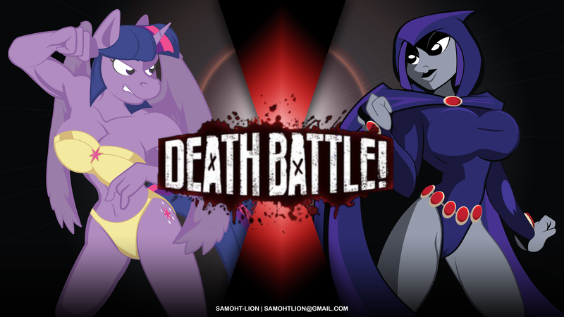 Size: 8000x4500 | Tagged: suggestive, artist:samoht-lion, derpibooru import, twilight sparkle, twilight sparkle (alicorn), alicorn, anthro, absurd resolution, armpits, belly button, big breasts, bikini, breasts, busty twilight sparkle, cleavage, clothes, death battle, death battle!: raven vs twilight sparkle, exploitable meme, fighting stance, image, meme, png, raven (teen titans), same voice actor, signature, sports bra, swimsuit, versus, voice actor joke