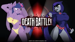 Size: 8000x4500 | Tagged: suggestive, artist:samoht-lion, derpibooru import, twilight sparkle, twilight sparkle (alicorn), alicorn, anthro, absurd resolution, armpits, belly button, big breasts, bikini, breasts, busty twilight sparkle, cleavage, clothes, death battle, death battle!: raven vs twilight sparkle, exploitable meme, fighting stance, image, meme, png, raven (teen titans), same voice actor, signature, sports bra, swimsuit, versus, voice actor joke