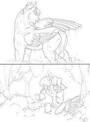 Size: 1400x1900 | Tagged: suggestive, artist:rossignolet, derpibooru import, flash sentry, twilight sparkle, twilight sparkle (alicorn), alicorn, pony, blushing, buff, bush, cleaning, female, flash hunktry, flashlight, male, monochrome, muscles, preening, shipping, spread wings, spying, straight, stupid sexy flash sentry, torn ear, tree, wingboner, wings