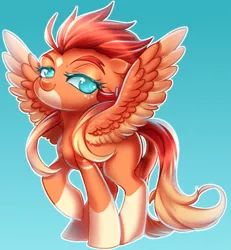 Size: 700x758 | Tagged: safe, artist:cabbage-arts, derpibooru import, oc, oc:phoenix blitz, unofficial characters only, pegasus, pony, colored pupils, ear piercing, female, gradient background, looking at you, mare, piercing, raised hoof, socks (coat marking), solo, spread wings, wings