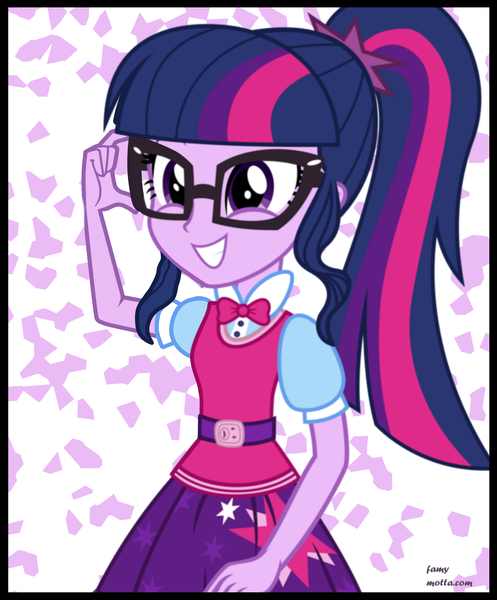 Size: 1749x2110 | Tagged: safe, artist:famymotta, derpibooru import, sci-twi, twilight sparkle, equestria girls, spoiler:eqg specials, adorkable, clothes, cute, dork, female, glasses, ponytail, skirt, smiling, solo