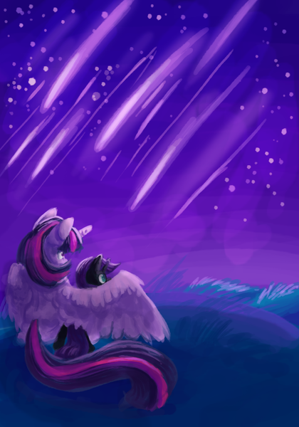 Size: 700x1000 | Tagged: artist needed, safe, derpibooru import, twilight sparkle, twilight sparkle (alicorn), oc, oc:nyx, alicorn, pony, adopted offspring, drawthread, duo, female, filly, hug, mare, mother and daughter, night, request, shooting star, sitting, stargazing, starry night, winghug