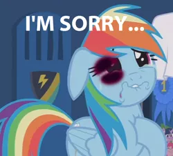 Size: 762x690 | Tagged: abuse, abuse edit, black eye, blue ribbon, crying, dashabuse, derpibooru import, edit, edited screencap, image macro, meme, parental glideance, pinkie pie, poor rainbow dash, prank gone wrong, rainbow dash, sad, screencap, semi-grimdark, twilight sparkle