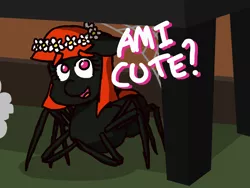 Size: 2000x1500 | Tagged: artist:threetwotwo32232, derpibooru import, dialogue, floral head wreath, flower, looking at you, monster pony, oc, original species, safe, solo, spider, spiderpony, table, unofficial characters only