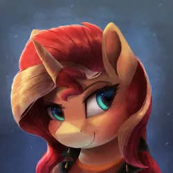 Size: 2900x2900 | Tagged: safe, artist:vanillaghosties, derpibooru import, sunset shimmer, pony, unicorn, bust, clothes, cute, equestria girls outfit, female, horn, jacket, mare, portrait, shimmerbetes, smiling, solo