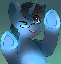 Size: 827x865 | Tagged: against glass, artist:loxy, derpibooru import, glass, glasses, hooves, male, oc, oc:tinker doo, one eye closed, safe, solo, underhoof, unofficial characters only, wink, ych result