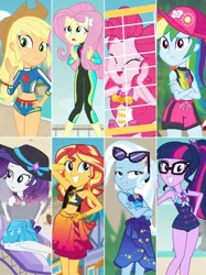 Size: 874x1166 | Tagged: safe, derpibooru import, screencap, applejack, fluttershy, pinkie pie, rainbow dash, rarity, sci-twi, sunset shimmer, trixie, twilight sparkle, equestria girls, equestria girls series, forgotten friendship, clothes, glasses, humane eight, humane five, humane seven, humane six, one-piece swimsuit, sarong, sunglasses, sunset selfie, swimsuit, volleyball net, wetsuit