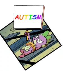 Size: 691x736 | Tagged: artist:brendahickey, autism, derpibooru import, downvote bait, edit, exploitable meme, forced meme, idw, meme, peril, railroad spike, rope, safe, sign, solo, spike, spike's rude sign, spoiler:comicff19, tied to tracks, tied up, train tracks