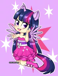 Size: 1024x1331 | Tagged: safe, artist:girlunicorn, derpibooru import, twilight sparkle, alicorn, human, chibi, clothes, dress, eared humanization, horned humanization, humanized, peace sign, ponied up, pony ears, solo, twilight sparkle (alicorn), winged humanization, wings