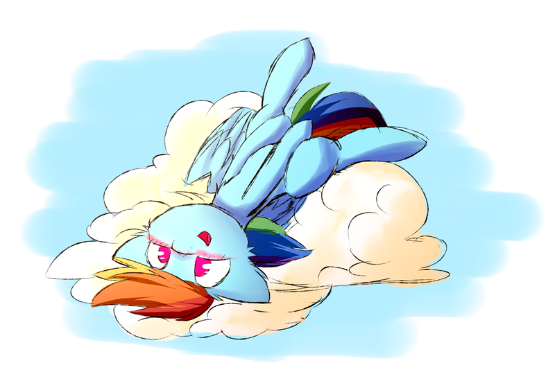 Size: 2837x1951 | Tagged: safe, artist:morningbullet, derpibooru import, rainbow dash, pegasus, pony, blushing, cloud, cute, dashabetes, female, hooves, lying down, lying on a cloud, mare, on a cloud, on back, open mouth, solo, upside down, wings